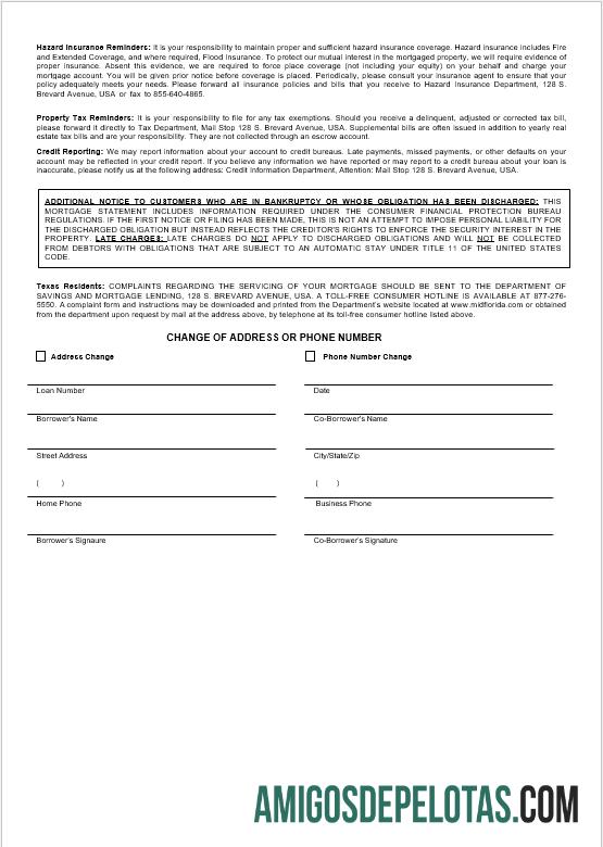 Extrato de hipoteca do banco USA MidFlorida Credit Union em formatos Word e PDF exemplo real